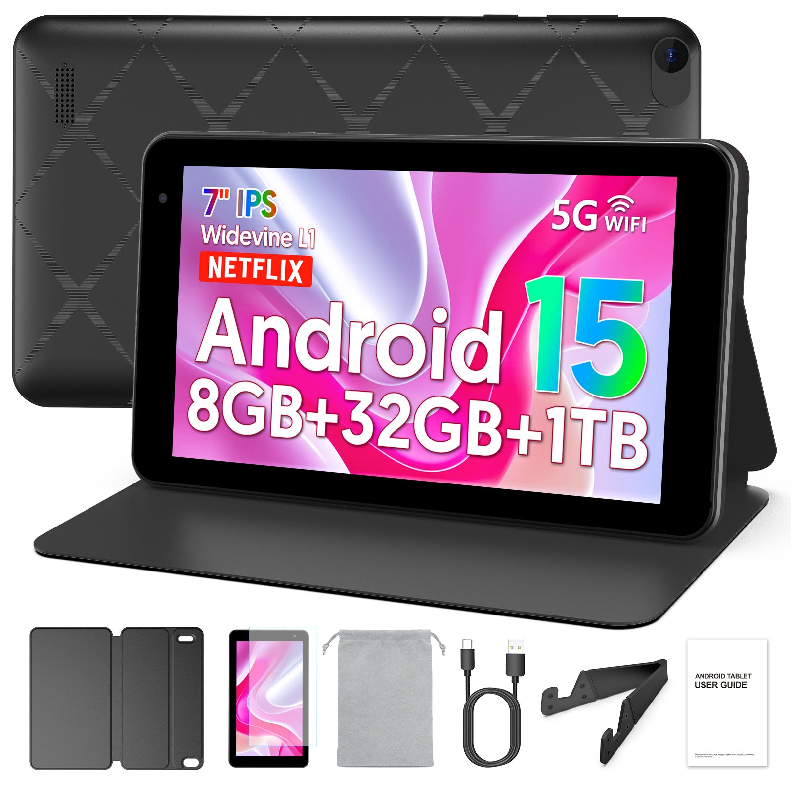 PUTECCH Android 15 Tablet,7 inch Tablets with Case,Penta-Core,3GB+32GB 1TB Expandable Storage,Wi-Fi 6, 5G Dual-Band，3500mAh Battery