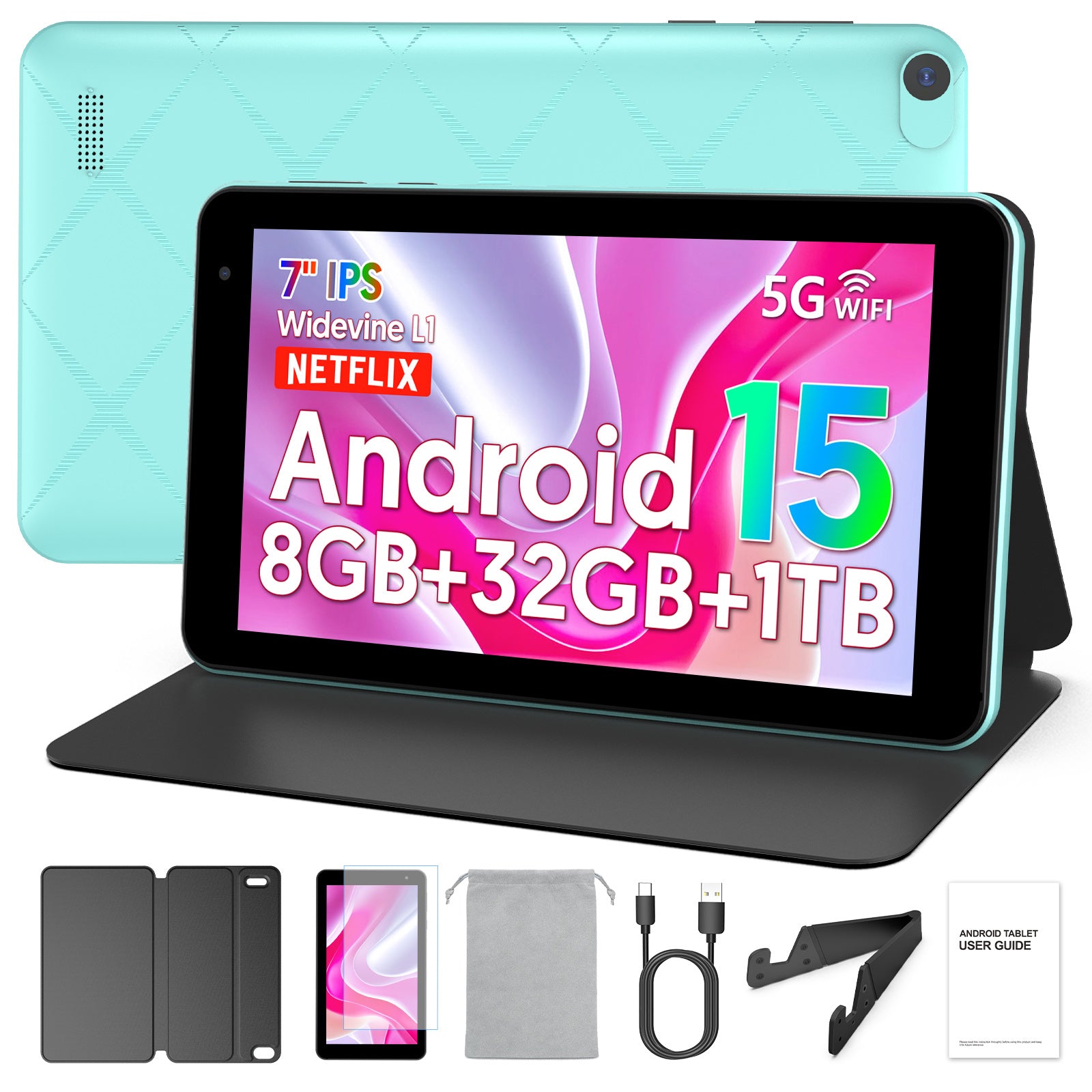 PUTECCH Android 15 Tablet,7 inch Tablets with Case,Penta-Core,3GB+32GB 1TB Expandable Storage,Wi-Fi 6, 5G Dual-Band，3500mAh Battery