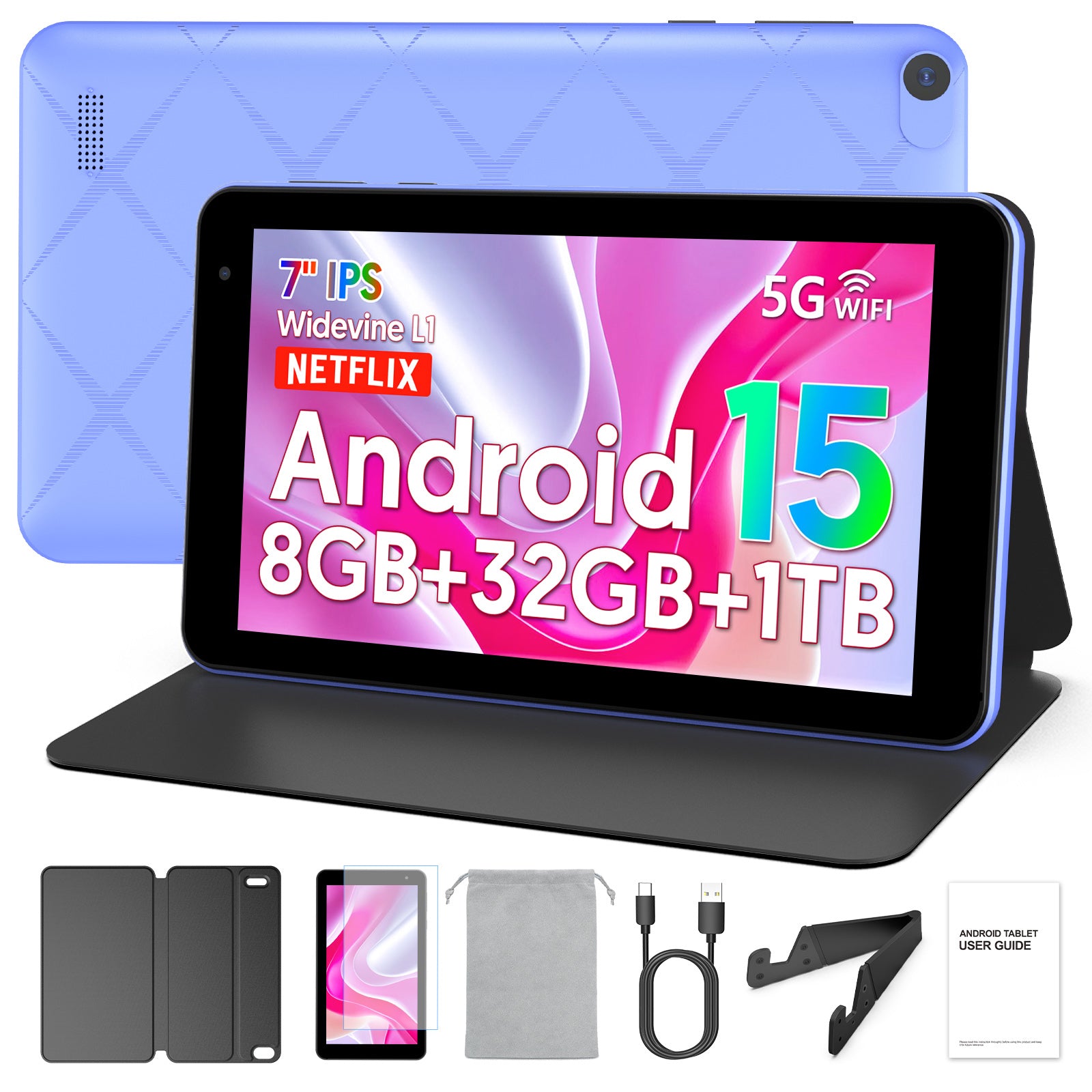 PUTECCH Android 15 Tablet,7 inch Tablets with Case,Penta-Core,3GB+32GB 1TB Expandable Storage,Wi-Fi 6, 5G Dual-Band，3500mAh Battery