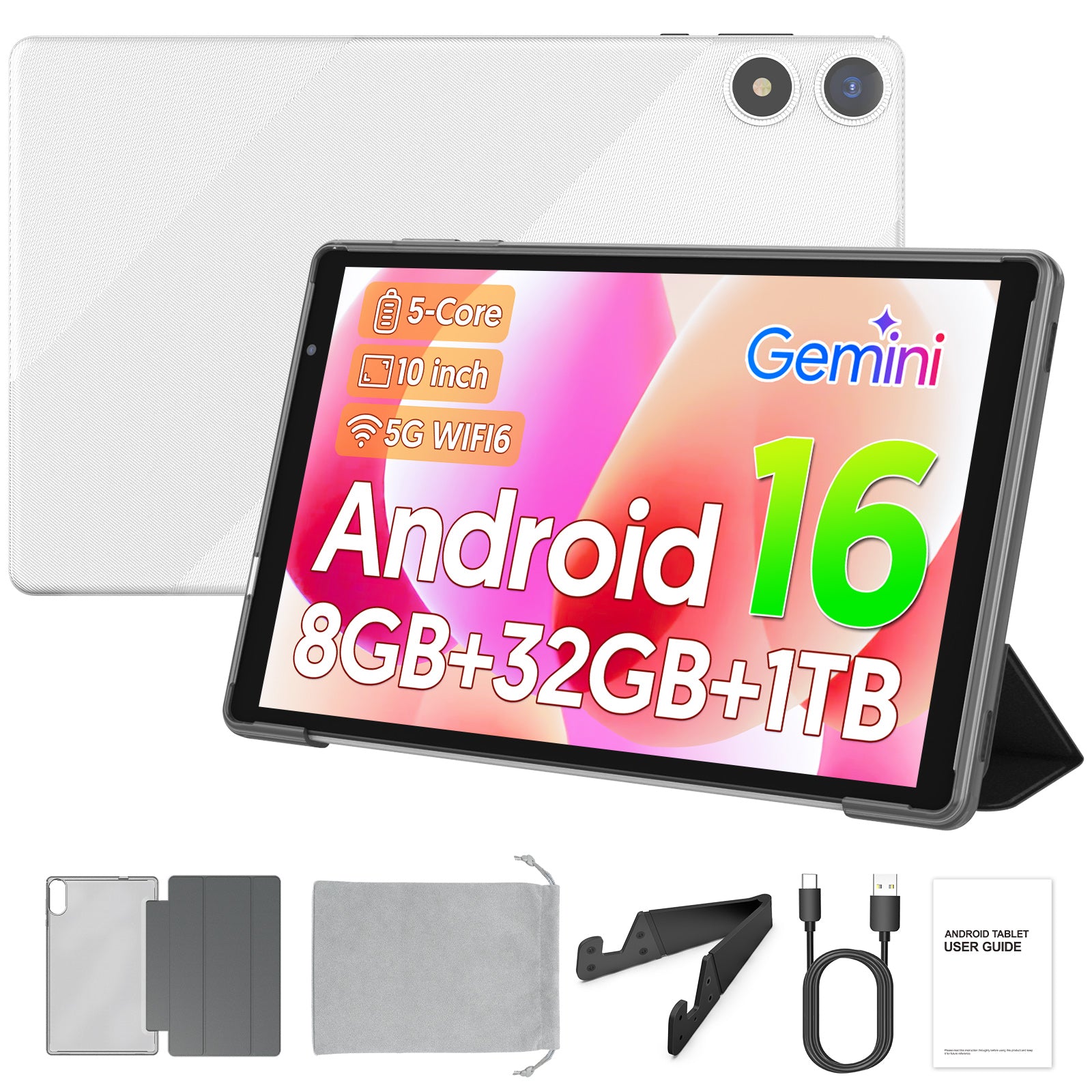PUTECCH Android 16 Tablet 10 inch Tablets,1280 x 800 IPS, 3GB+32GB (up to 1TB),Penta-core,5G WiFi 6,6000mAh,with Case & Stand & Storage Bag