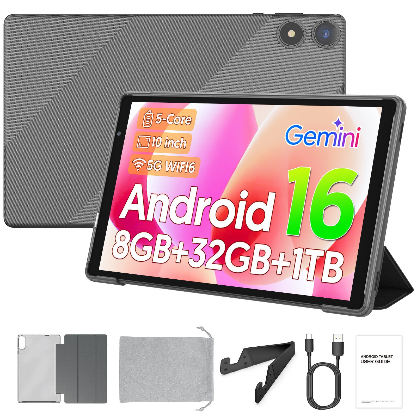 PUTECCH Android 16 Tablet 10 inch Tablets,1280 x 800 IPS, 3GB+32GB (up to 1TB),Penta-core,5G WiFi 6,6000mAh,with Case & Stand & Storage Bag
