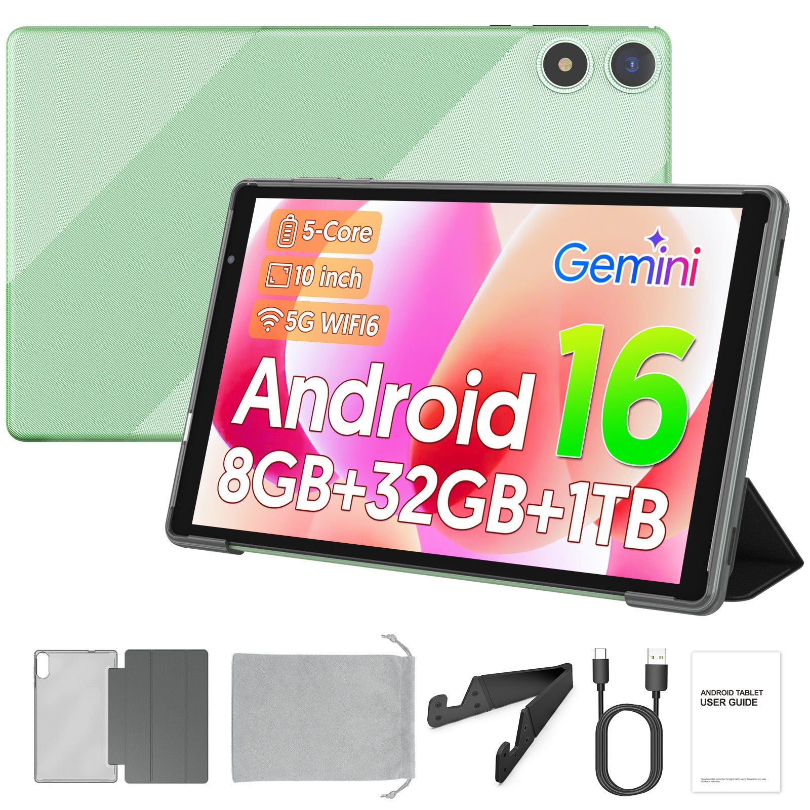 PUTECCH Android 16 Tablet 10 inch Tablets,1280 x 800 IPS, 3GB+32GB (up to 1TB),Penta-core,5G WiFi 6,6000mAh,with Case & Stand & Storage Bag