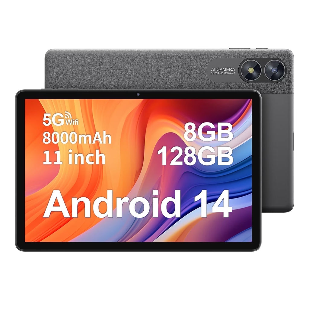 PUTTECH Android 14 Tablet 11 inch Tablets, RAM 128GB + ROM 8(4+4 Expand) GB 1TB Expand, 8000mAh Battery, Octa-Core Processor, 5G Wi-Fi, 2+8MP Dual Camera, Bluetooth, 1280 x 800 FHD IPS Tablet PC