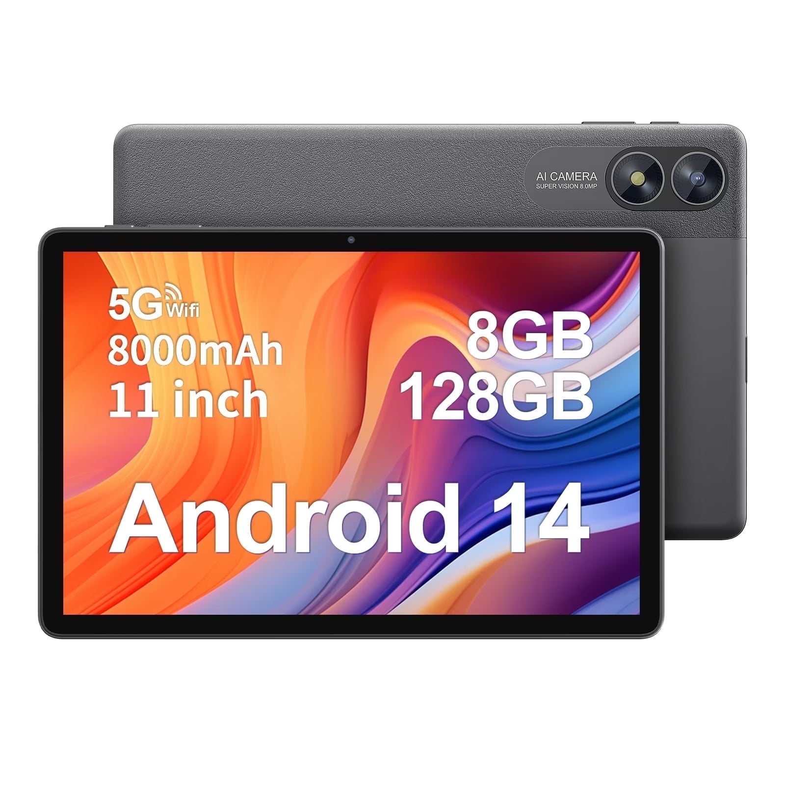 PUTTECH Android 14 Tablet 11 inch Tablets, RAM 128GB + ROM 8(4+4 Expand) GB 1TB Expand, 8000mAh Battery, Octa-Core Processor, 5G Wi-Fi, 2+8MP Dual Camera, Bluetooth, 1280 x 800 FHD IPS Tablet PC