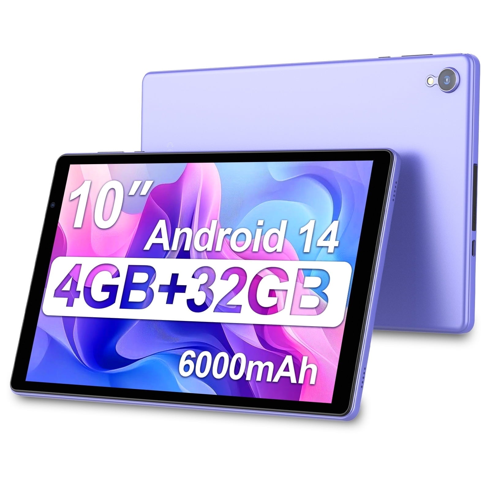 PUTECCH 10 Inch Tablet, Android 14 Tablets, 4(2+2) GB RAM, 32GB ROM, 1280x800 IPS, Quad Core CPU, WiFi 6, 6000mAh Battery, Purple