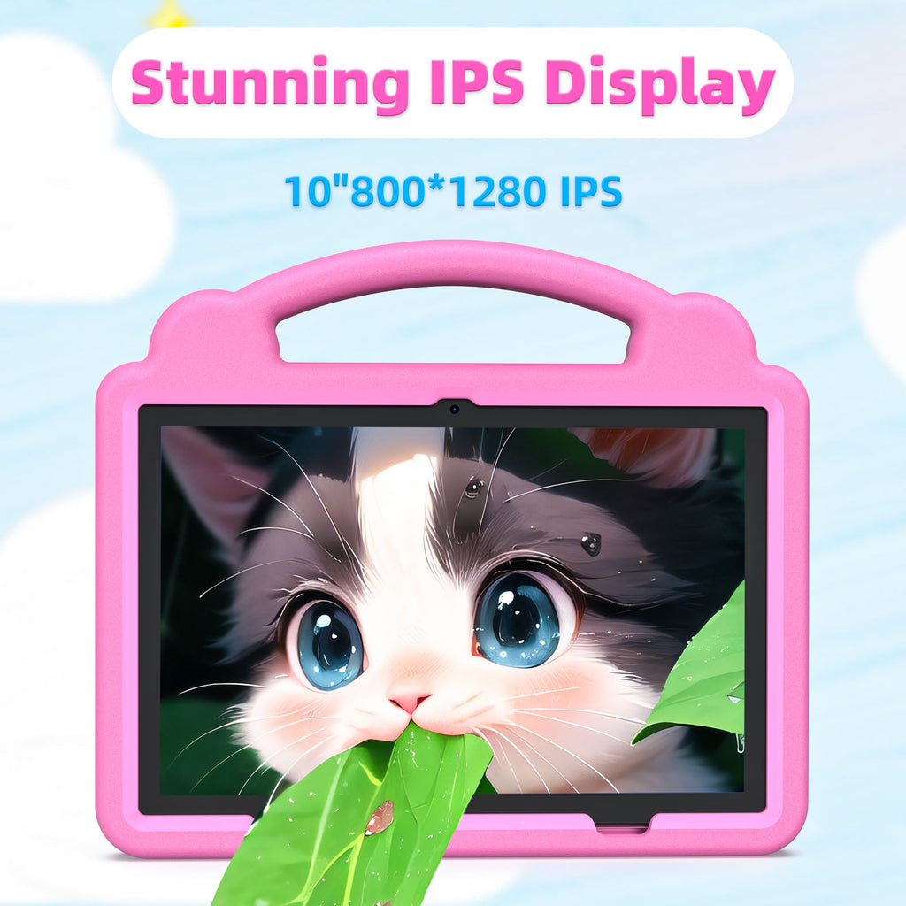 PUTECCH 10 inch Kid Tablet, Android 14, Quad Core CPU 5GWifi+Wifi6, 6GB RAM+64GB ROM, 6000mAh, Tablet Case, Pink