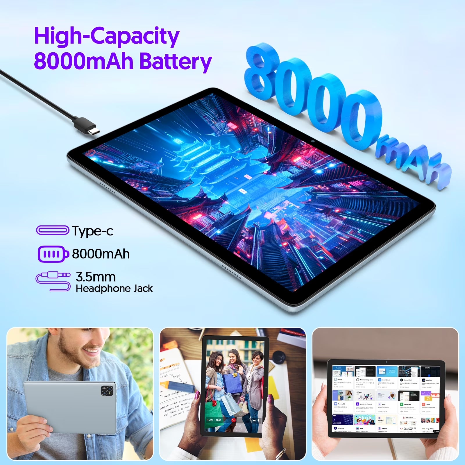 PUTECCH Android 14 Tablet 10 inch 128GB ROM 8GB RAM Google GMS Computer Tablet,8000mAh,Wifi, Bluetooth
