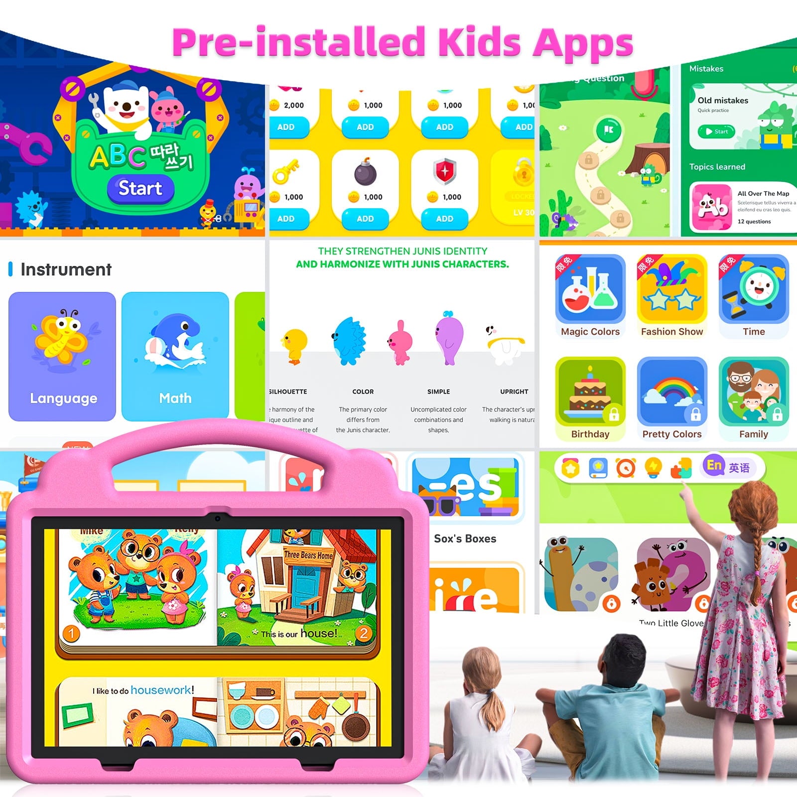 PUTECCH 10 inch Kid Tablet, Android 14, Quad Core CPU 5GWifi+Wifi6, 6GB RAM+64GB ROM, 6000mAh, Tablet Case, Pink