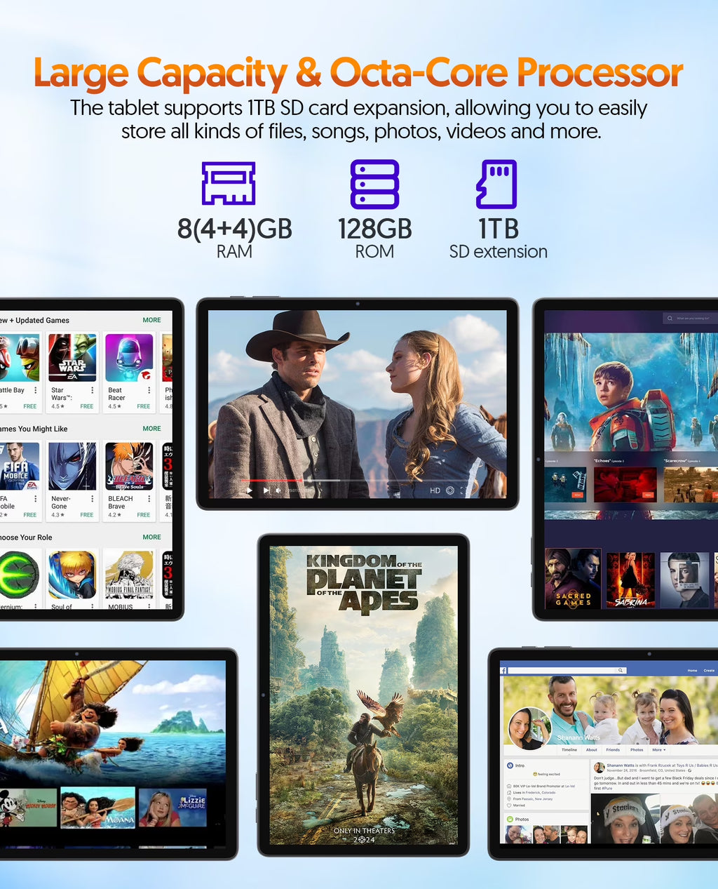 PUTTECH Android 14 Tablet 11 inch Tablets, RAM 128GB + ROM 8(4+4 Expand) GB 1TB Expand, 8000mAh Battery, Octa-Core Processor, 5G Wi-Fi, 2+8MP Dual Camera, Bluetooth, 1280 x 800 FHD IPS Tablet PC